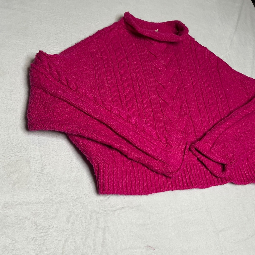 Anthro Pilcro Cable Knit Sweater Hot Pink Cropped Mock Neck Chunky‎ Y2K Cozycore